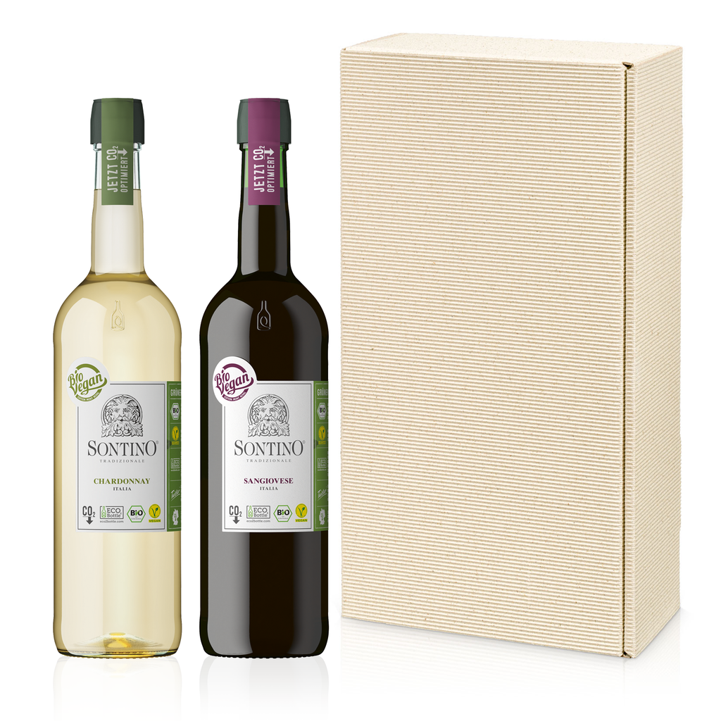 2er Geschenkbox SONTINO BioVegan Halbtrocken - 2er Geschenkset - jeweils ein italienischer Weißwein und Rotwein