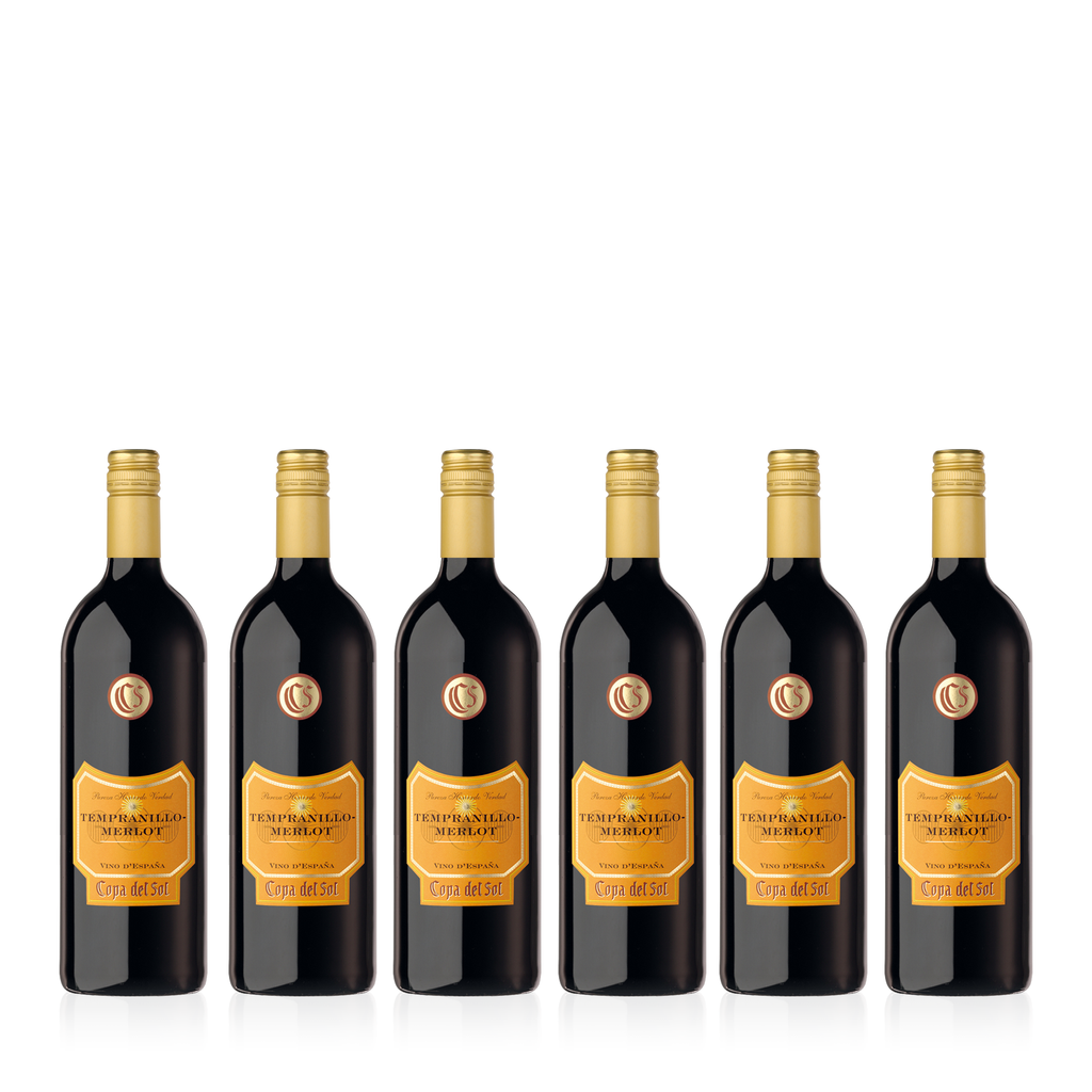 Sechs Flaschen COPA DEL SOL Tempranillo Merlot Halbtrocken 1,0l  - halbtrockener, spanischer Rotwein  