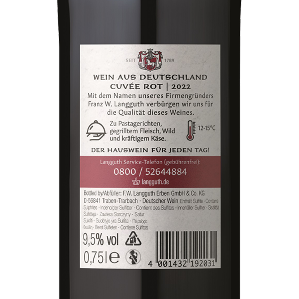 FRANZ W. LANGGUTH Hauswein Cuvée Rot 0,75l - Detailansicht Rückenetikett - Rotwein aus Deutschland 