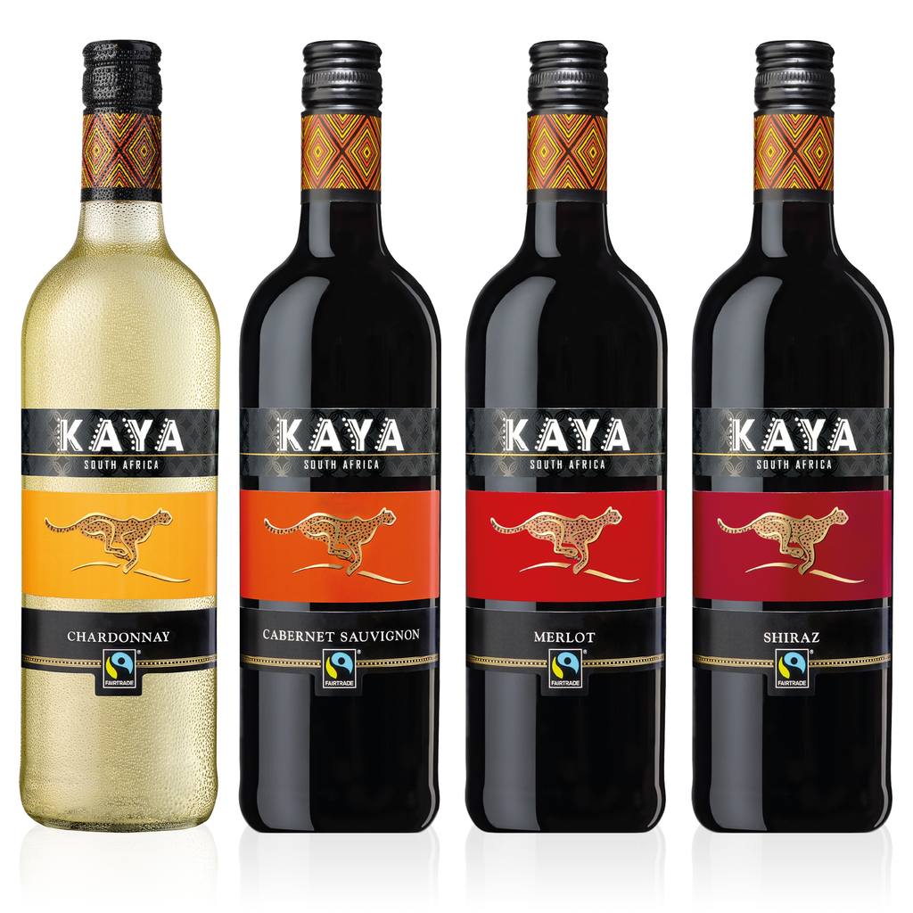 KAYA Fairtrade Südafrika Quartett Probierpaket Trocken 0,75l - 4er Karton - vier trockene Weine aus Südafrika - drei Rotweine, ein Weißwein