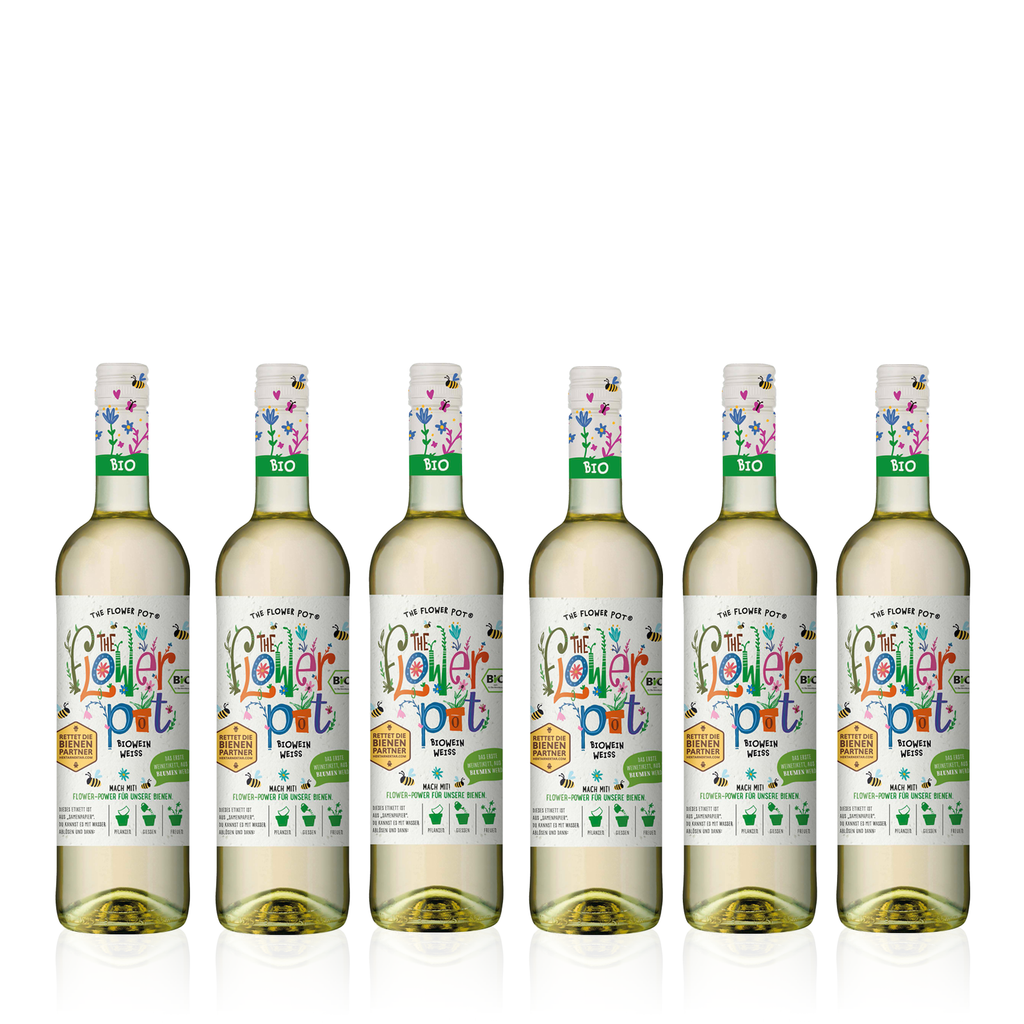 6 Flaschen THE FLOWER POT Biowein Weiß Halbtrocken 0,75l - halbtrockener Bio Weißwein aus Spanien