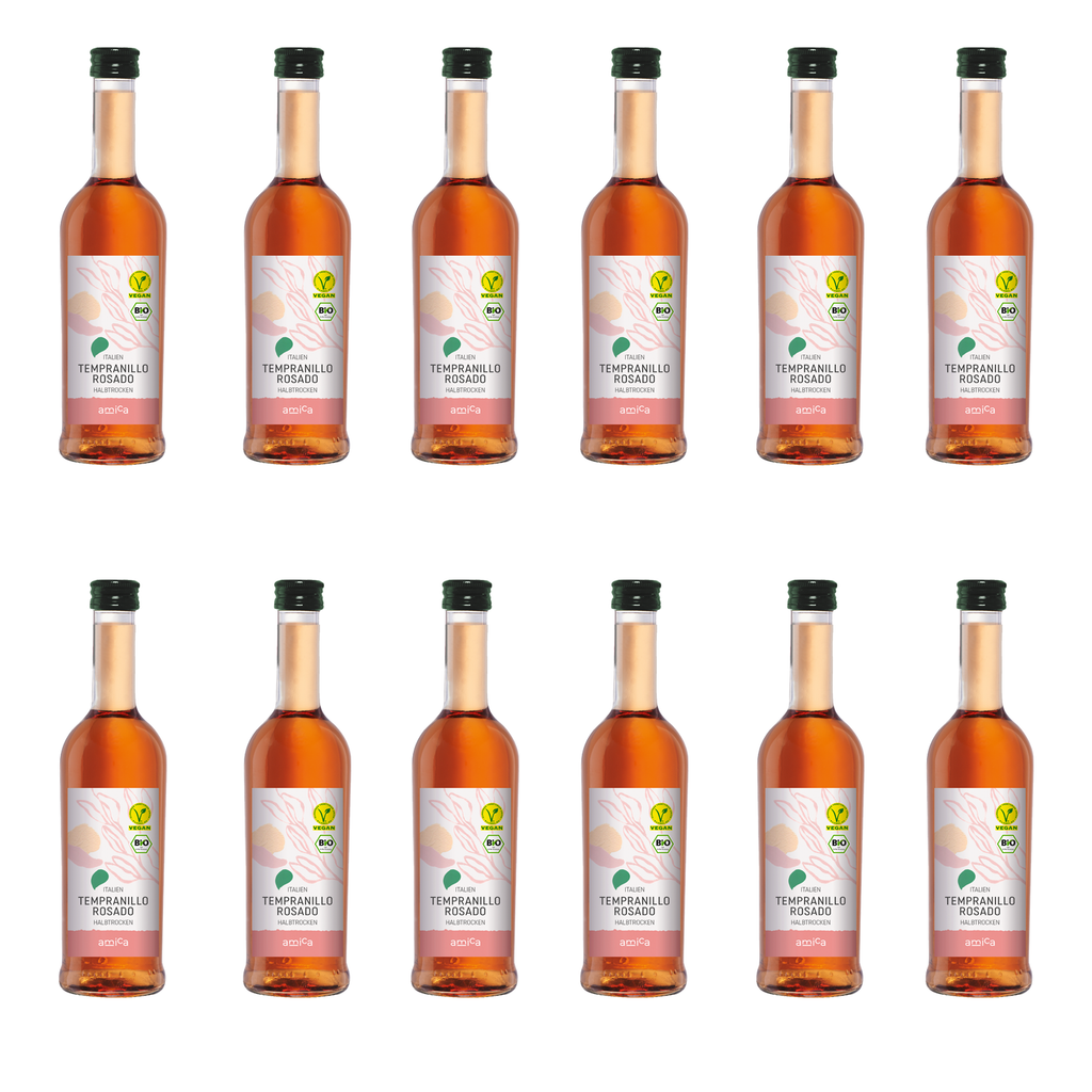 Zwölf Flaschen AMICA Tempranillo Rosado Halbtrocken 0,25l - bioveganer, spanischer Roséwein im Kleinflaschenformat
