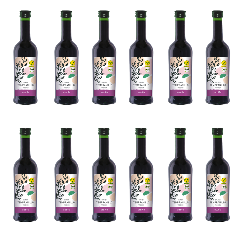 Zwölf Flaschen AMICA Tempranillo Trocken 0,25l - bioveganer, spanischer Rotwein im Kleinflaschenformat
