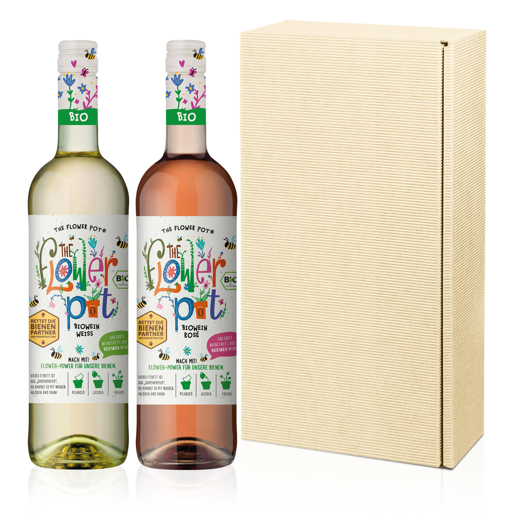 2er Geschenkbox THE FLOWER POT Halbtrocken 0,75l - halbtrockener Weiß- und Rosébiowein aus Spanien 