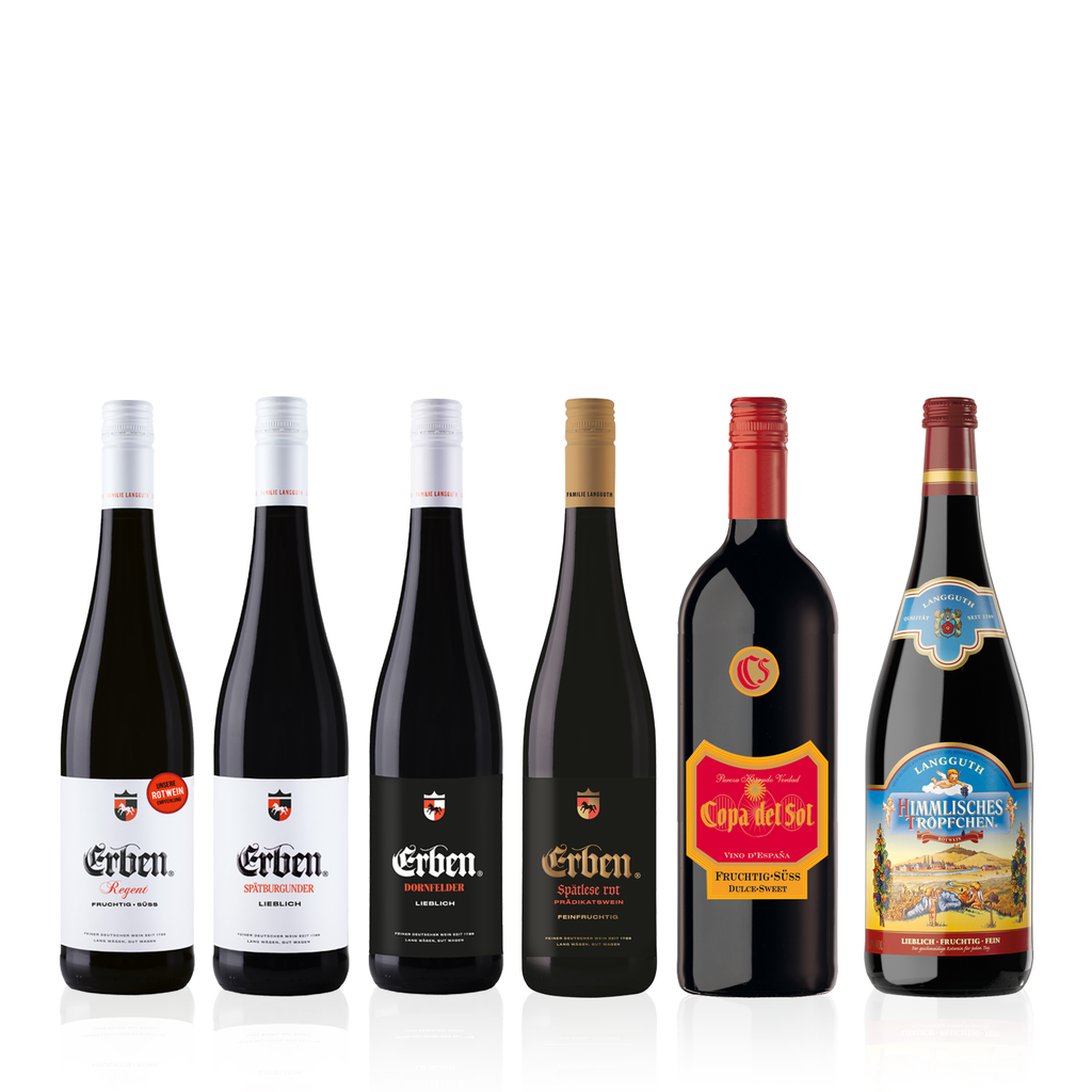 Liebliches Rotwein Probierpaket 0,75l + 1,0l - 6er Karton - sechs verschiedene Rotweine aus Deutschland und Spanien
