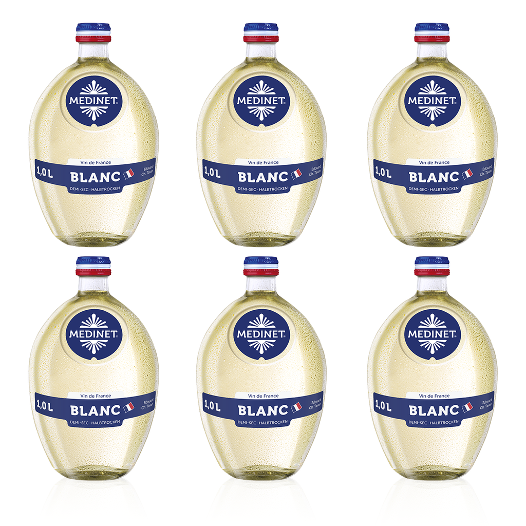 Sechs Flaschen MEDINET Blanc Halbtrocken 1,0l - halbtrockener Weißwein aus Frankreich 