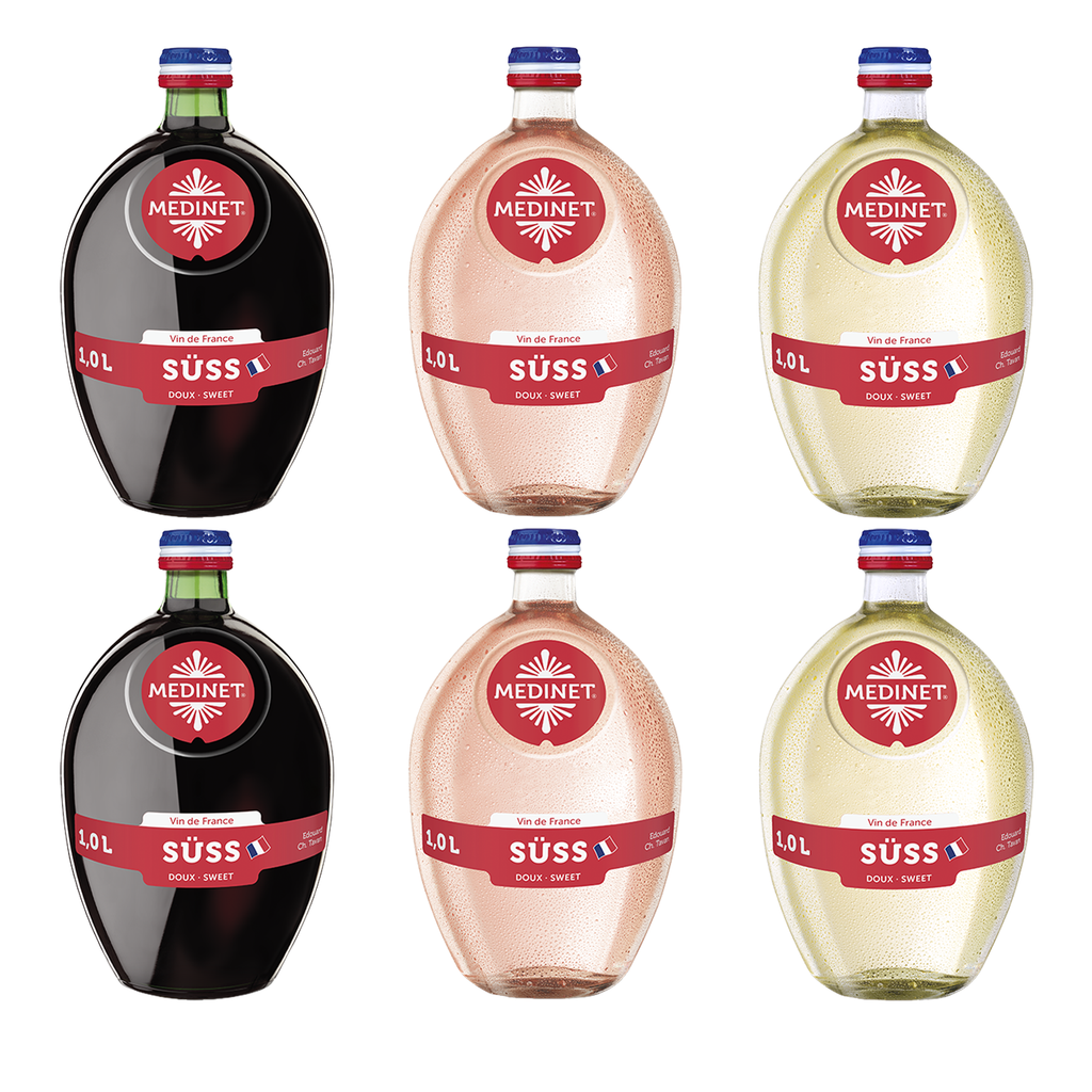 MEDINET Probierpaket "Fruchtsüsses Rendezvous" 1,0l - 6er Karton - jeweils zwei Flaschen des süßen Rot-, Rosé- und Weißweines aus Frankreich