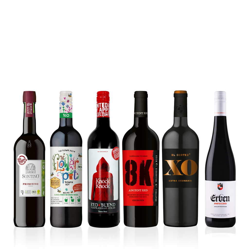 Probierpaket "Internationale Weinreise" 0,75l - 6er Karton - sechs verschiedene Rotweine in Halbtrocken bis Trocken