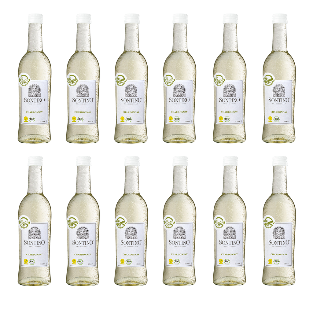 Zwölf Flaschen SONTINO BioVegan Chardonnay Halbtrocken 0,25l - bioveganer, italienischer Weißwein im Kleinflaschenformat