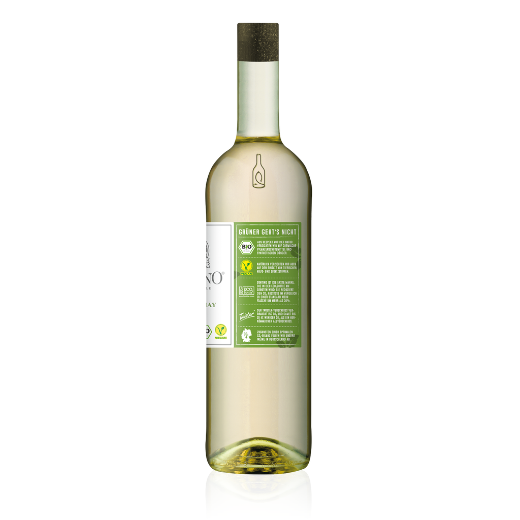 Seitenansicht SONTINO BioVegan Chardonnay Halbtrocken 0,75l - "Grüner gehts nicht" Etikett - italienischer, halbtrockener Weißwein  