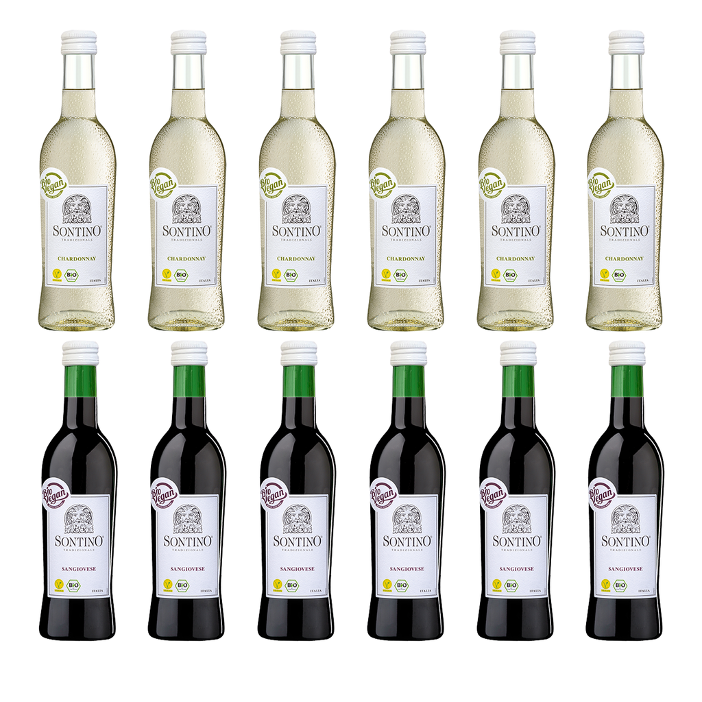 "Viva Italia" SONTINO BioVegan Weinset Halbtrocken 0,25l - 12er Karton - jeweils sechs Flaschen Weißwein und sechs Flaschen Rotwein im Kleinflaschenformat