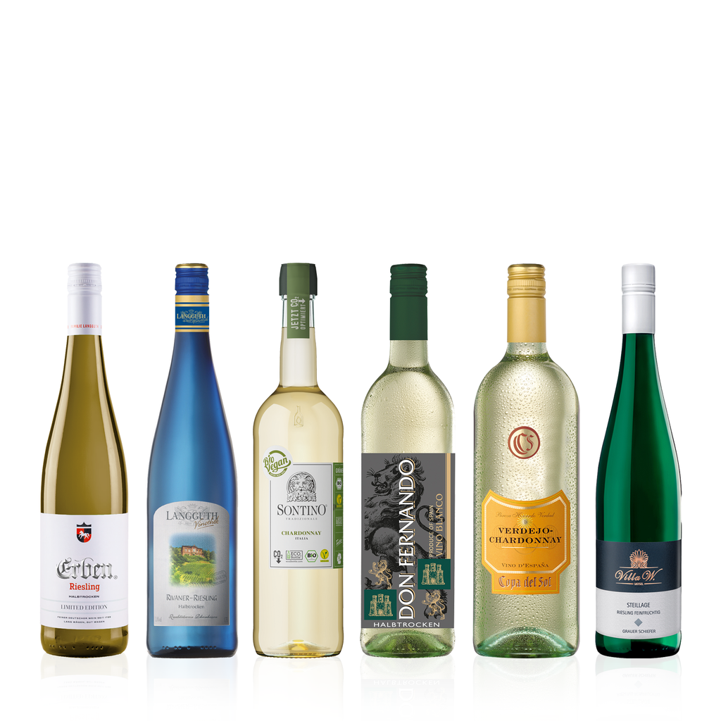 Weißwein Probierpaket Halbtrocken 0,75l + 1,0l - 6er Karton - sechs verschiedene halbtrockene Weißweine aus Deutschland, Italien und Spanien