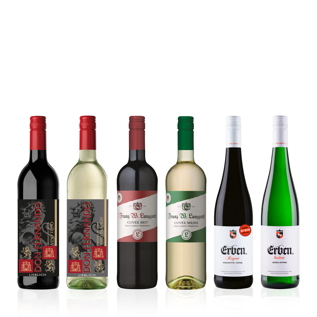 Probierpaket "Lieblich / Süßer Weingenuss" 0,75l - 6er Karton - drei Rotweine, drei Weißweine aus Deutschland und Spanien