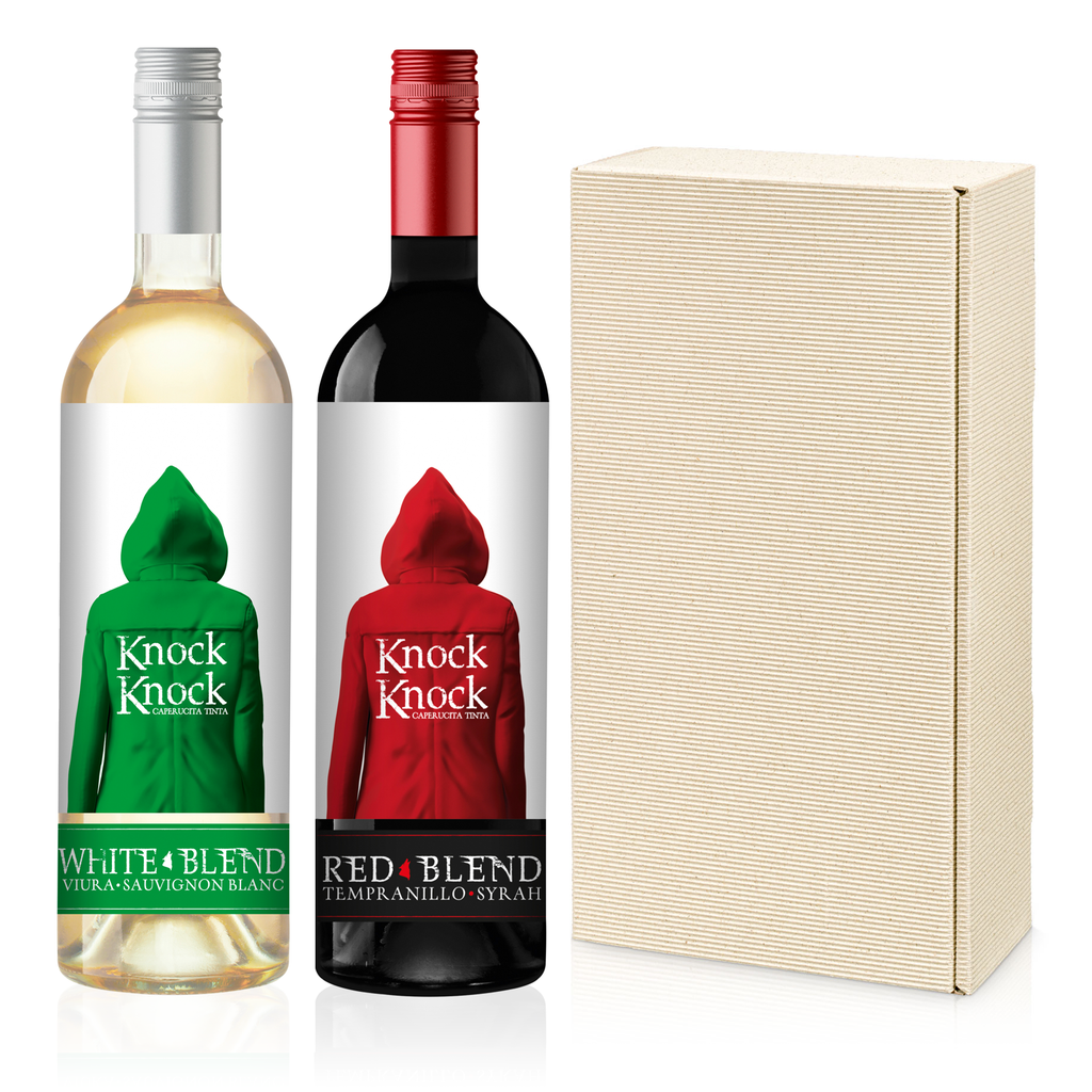 Rückansicht der 2er Geschenkbox KNOCK KNOCK Trocken / Halbtrocken - spanischer Weißwein und Rotwein 