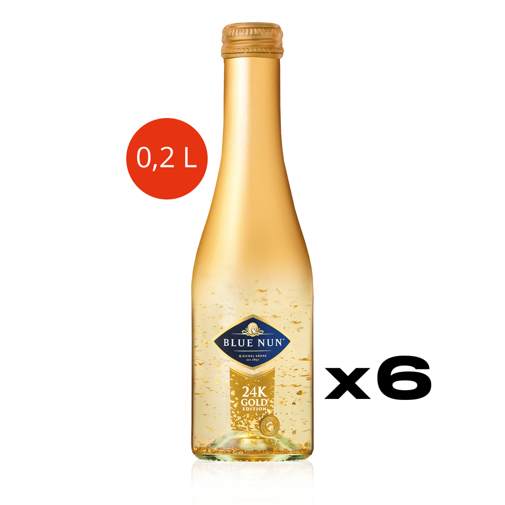 BLUE NUN 24K Gold Edition 0,2l - 6er Karton - halbtrockenes, aromatisiertes Schaumweinhaltiges Getränk mit Goldflocken im Kleinflaschenformat 