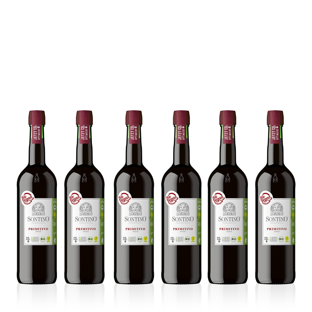 Sechs Flaschen SONTINO BioVegan Primitivo Halbtrocken 0,75l - halbtrockener Rotwein aus Italien 