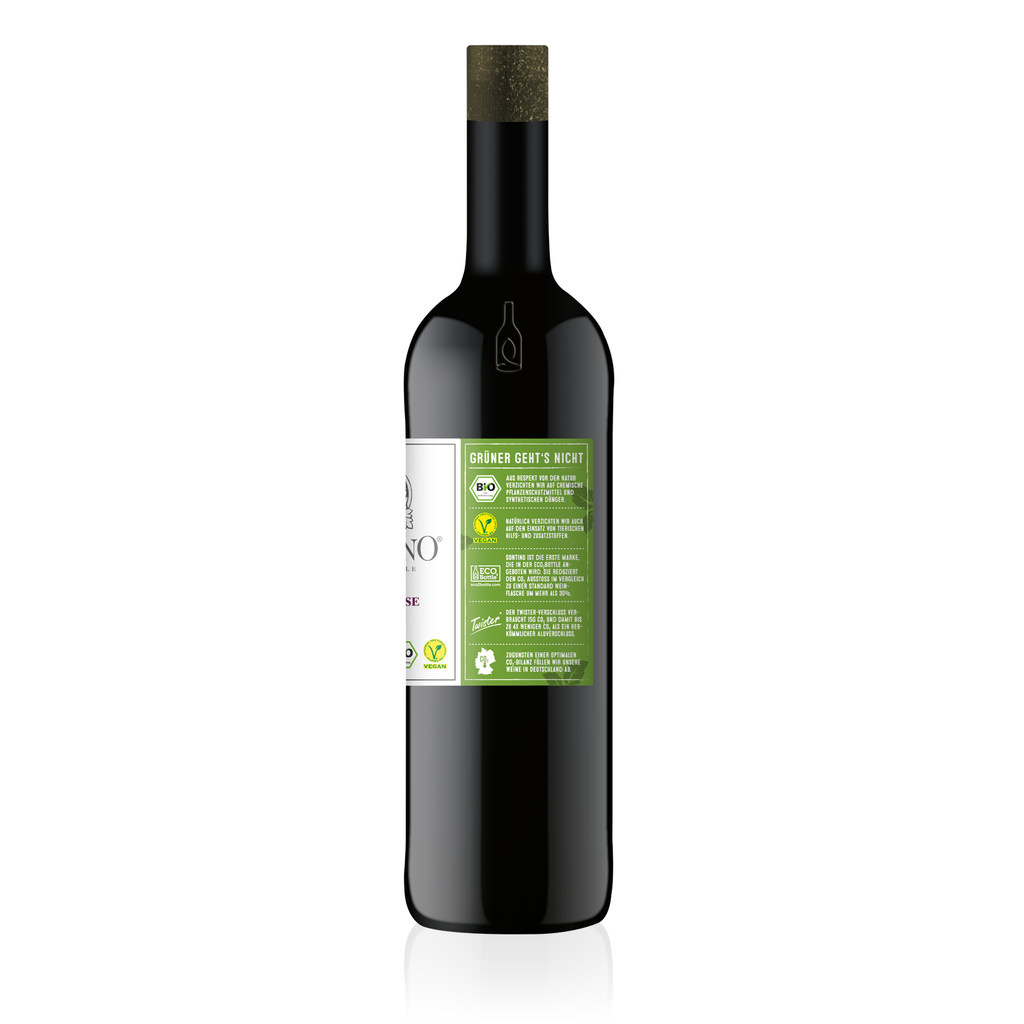 Seitenansicht SONTINO BioVegan Sangiovese Halbtrocken 0,75l - "Grüner gehts nicht" Etikett - italienischer, halbtrockener Rotwein