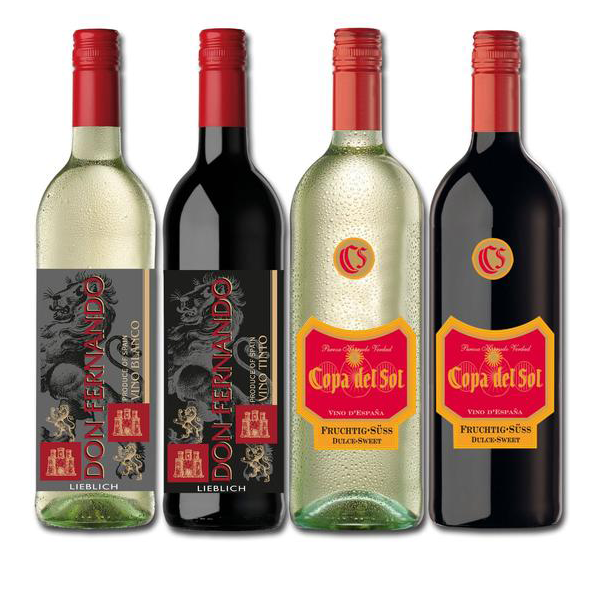 Weinpaket "Viva España" Lieblich/Süß 0,75l + 1,0l - 4er Karton - vier spanische Weine - jeweils zwei Rot- und Weißweine 