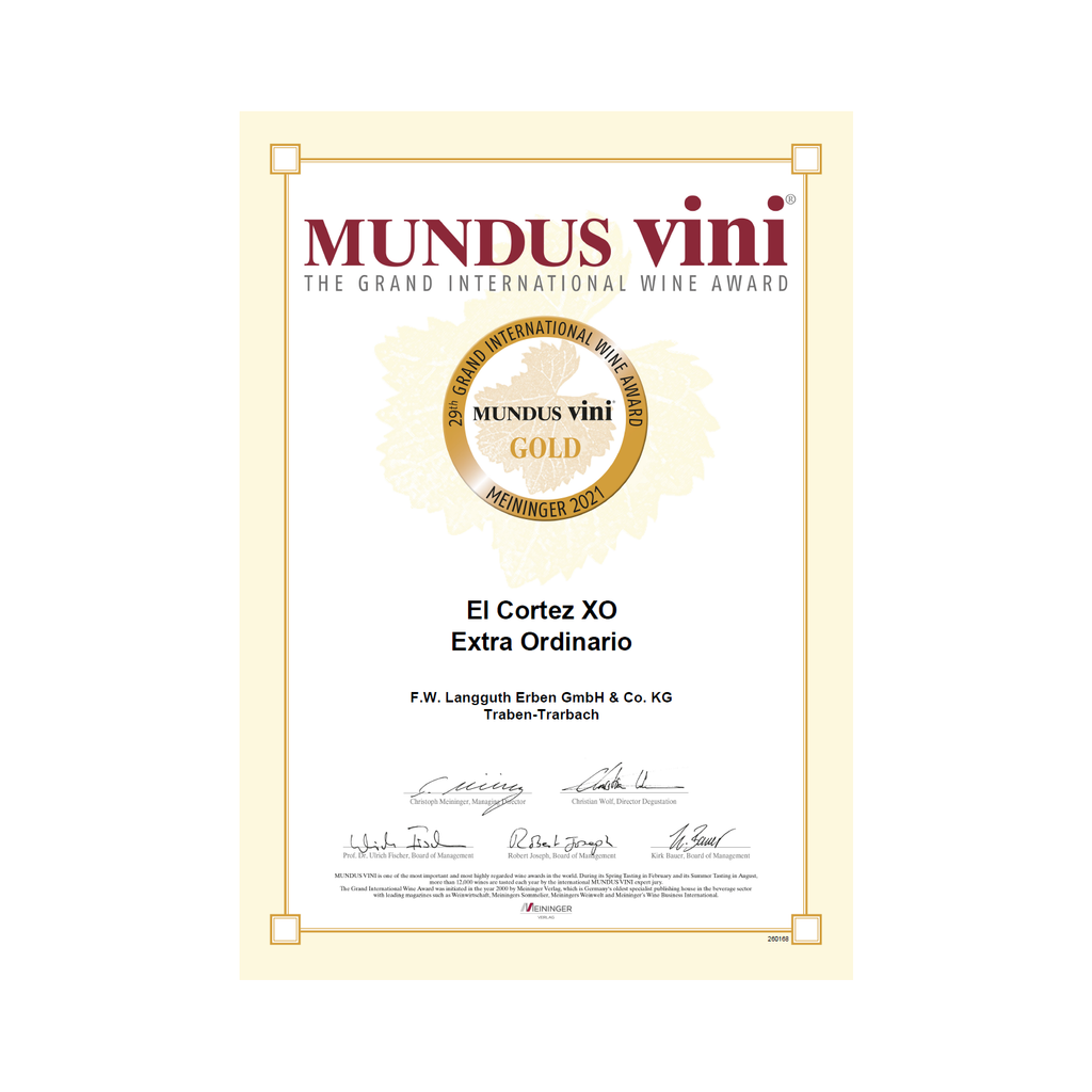 Mundus Vini Gold-Urkunde 2021 für EL CORTEZ XO Extra Ordinario Halbtrocken 0,75l 